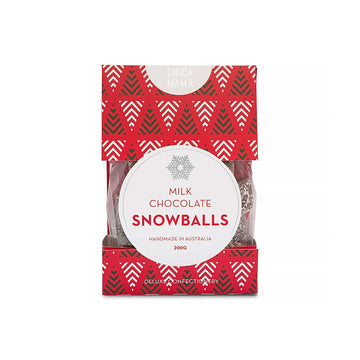 A box with a Christmas theme and the heading 'Milk Chocolate Snowballs' filled with chocolate.