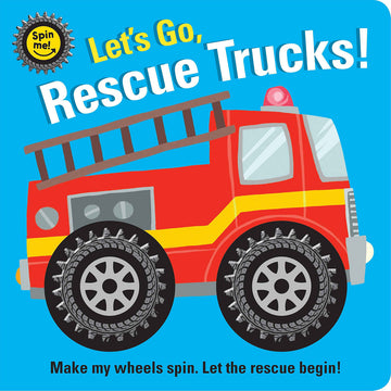 'Let's Go, Rescue Trucks!' book cover featuring an illustration of a fire truck on a blue background. 