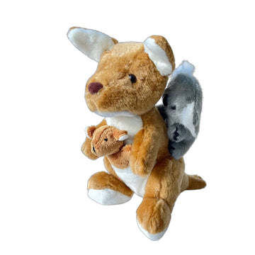 A plush kangaroo toy with a joey in its pouch and a koala on its back.