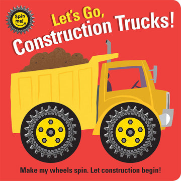 'Let's Go, Construction Trucks!' book cover featuring an illustration of a yellow construction truck on a red background.