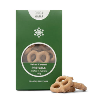 A green box titled 'Salted Caramel Pretzels' with a window showing the pretzels inside.