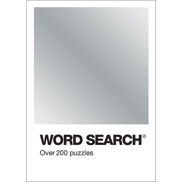'Word Search' book cover featuring a silver gradient square with the title and 'Over 200 puzzles' written underneath the square.