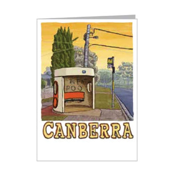 Illustration of a bus stop with 'Canberra' text on a white background.