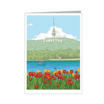 Illustration of Canberra with a lake, flowers, and the tower.
