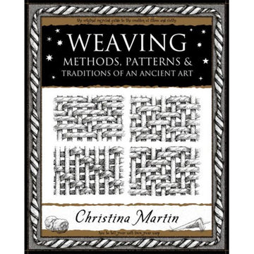 'Weaving Methods Patterns and Traditions of an Ancient Art' book cover featuring illustrations of weaving in black and white.