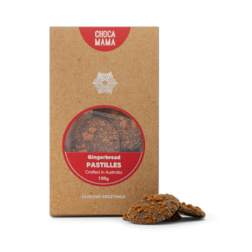 A box titled 'Gingerbread Pastilles' with a window showing the gingerbread covered chocolate inside.