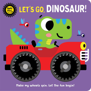 'Let's Go, Dinosaur' book cover featuring an illustration of a dinosaur driving a red car on a purple background.