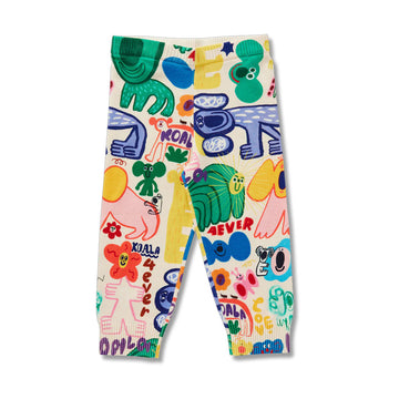 Colorful children's leggings with animal and abstract designs on a white background.