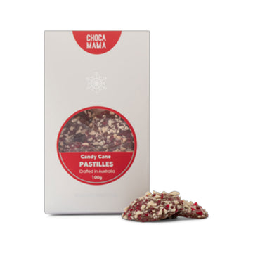 A white box with the heading 'Candy Cane Pastilles' and a window showing the chocolate inside.