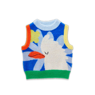 Colorful knitted vest with a cartoon design on a white background.