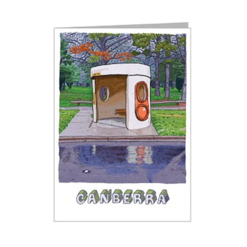 Illustration of a bus stop shelter with 'Canberra' text on a white background