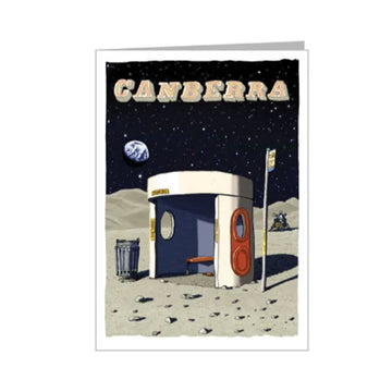 Illustration of a bus shelter on the moon with 'Canberra' text above.