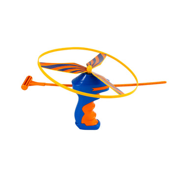 A toy with a propeller on a handle with a launcher in orange and blue. 