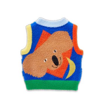 Colorful knitted vest with a cartoon design on a white background.