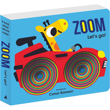 'Zoom Lets Go!' book cover featuring an illustration of a giraffe driving a red car on a blue background.