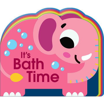 'It's Bath Time' book cover featuring an illustration of a pink elephant in the shape of the book.