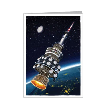 Space rocket shaped like Telstra tower with Earth and moon in the background.