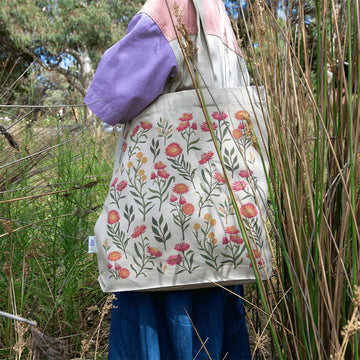 A calico tote bag printed with colourful wildflowers.