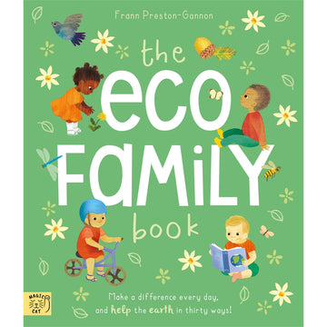 'The Eco Family Book' featuring an illustration of four toddlers performing different activites such as reading a book, riding a bike and looking at nature. There are flowers in the background.