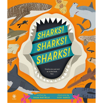 'Sharks Sharks Sharks' book cover featuring the title written inside a shark's mouth with illustrations of different sharks surrounding it.