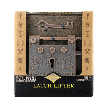 A puzzle shaped like a lock inside a box with a cut out and the heading 'Latch Lifter'.