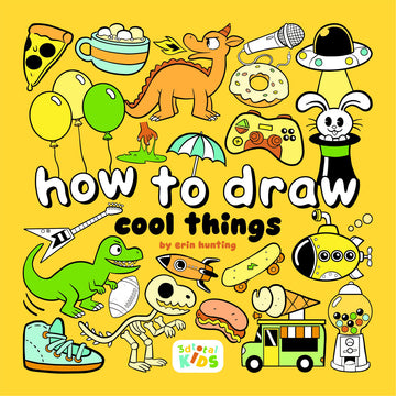 "How To Draw Cool Things" Dinosaurs, trucks, game controller and a rabbit in a hat on a yellow background.