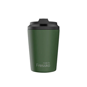 A ceramic reusable mug in khaki green with a black lid.