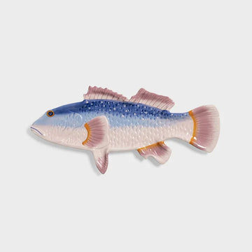 Decorative fish-shaped plate with a gradient color pattern on a light gray background.