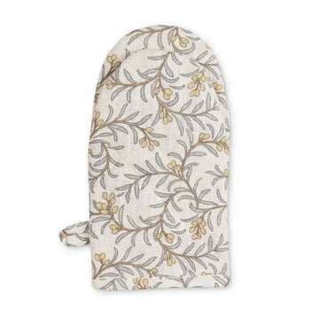 Floral patterned oven mitt on a white background.