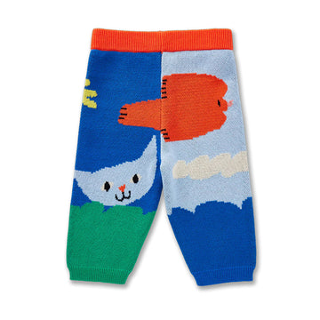 Colorful knitted baby leggings with a crocodile and bird design on a white background.