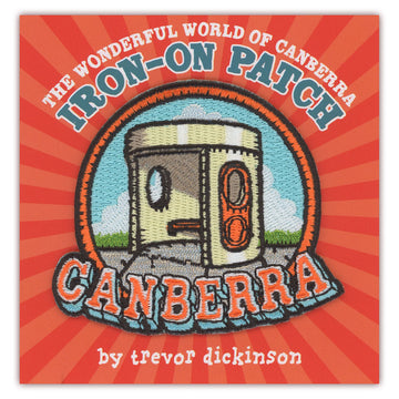 Iron-on patch design with a Canberra bus shelter on a red and orange striped background, featuring text 'The Wonderful World of Canberra Iron-On Patch Canberra by Trevor Dickinson'.