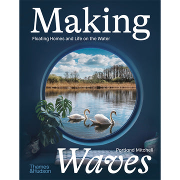 'Making Waves' book cover featuring a blue background with a round window in the middle with a photo of two swans on the window. There is a plant and a cushion on a bench in front of the window.