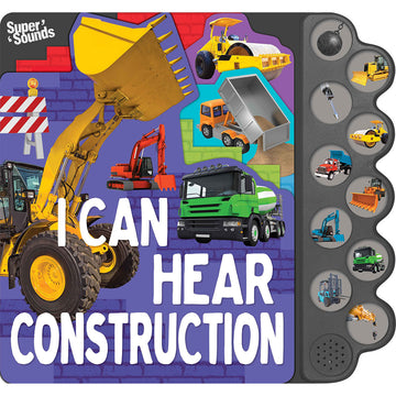 'I Can Hear Construction' book cover featuring image of a construction trucks and ten circle buttons on the right with a different element from construction.
