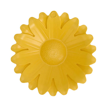Top down view of a yellow sunflower shaped bird bath.
