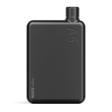 A flat black stainless steel bottle in an A5 shape with 'A5' engraved in the top right corner.