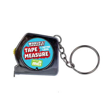 A tape measure on a keyring with the text 'World's Smallest Tape Measure' written on it.