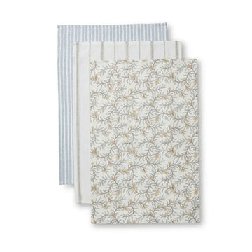 Set of three patterned towels on a white background.