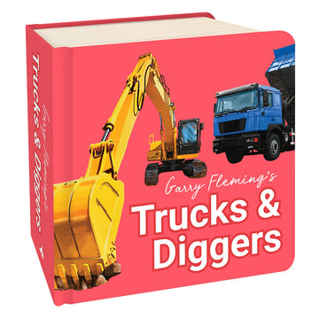 'Trucks and Diggers' book cover featuring a photo of a digger and a truck on a pink background.
