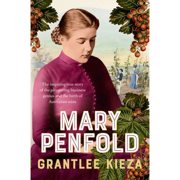 'Mary Penfold' book cover with an illustration of a woman wearing a purple coat and folding berries and leaves.