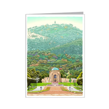 Illustration of a building with a dome in a lush green landscape.