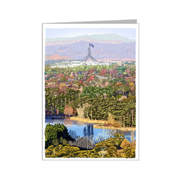 Greeting card with a scenic view of a lake and trees, featuring a building and flag on a white background.