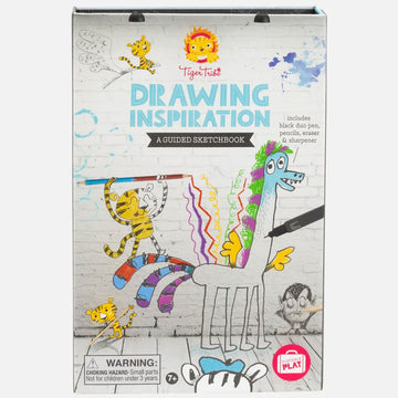 A box titled 'Drawing Inspiration A Guided Sketchbook' with a child's illustration of animals.