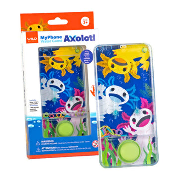 A water game with an axolotl theme pictured both inside and outside the packaging box.