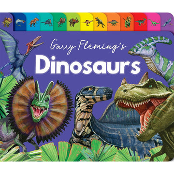 'Gary Fleming's Dinosaurs' book cover featuring images of different dinosaurs and a colourful tabbed design along the top.