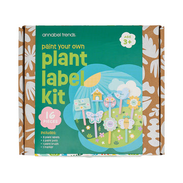 A box titled 'Paint your own plant label kit' with an illustration of labels in shapes of butterflies, birds and flower on sticks with herb names on them.