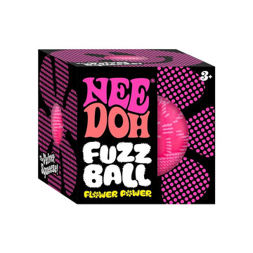 A cube box with a pink flower on each side with circle cut outs and the heading 'Nee Doh Fuzz Ball'.