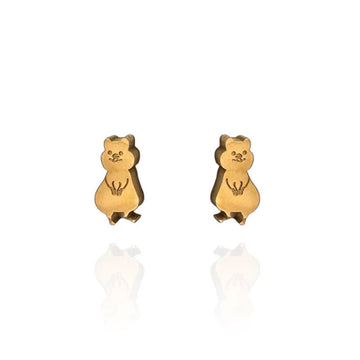 A pair of quokka shaped gold stud earrings.