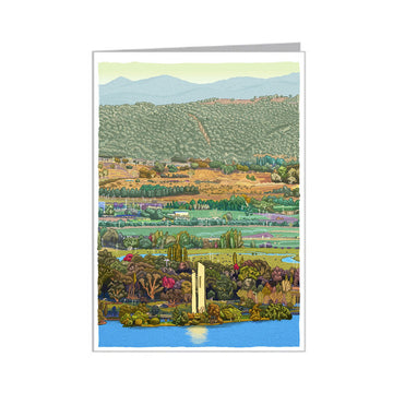 Landscape illustration with a lake, mountains, and buildings on a white background.
