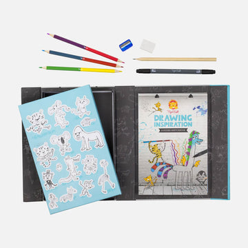 A box titled 'Drawing Inspiration A Guided Sketchbook' with a child's illustration of animals.