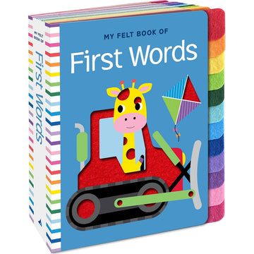 'My Felt Book of First Words' book cover featuring an illustration of a giraffe driving a bulldozer. There is a tabbed directory on the right with different coloured felt pages.